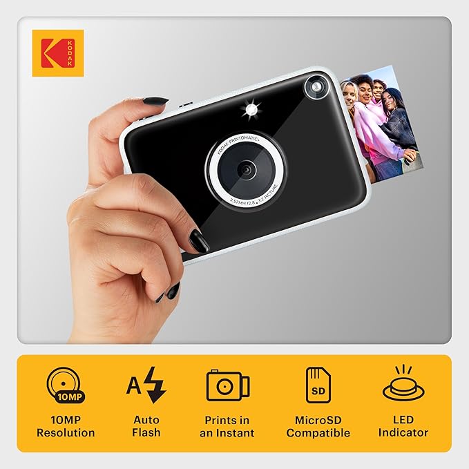 Kodak Printomatic+ Instant Print Digital Camera (Black) 10MP Portable Camera with Interactive RGB LED Status Indicator, Prints Full-Color Photos on Zink 2x3” Sticky-Backed Photo Paper - Easy & Fun