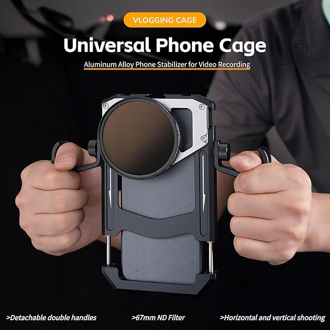 Universal Phone Cage, Smartphone Video Rig Kit with Dual Handle, ND Filter, Tripod Mount, Aluminum Alloy Phone Stabilizer for Video Recording, 1/4 inch Screw Hole