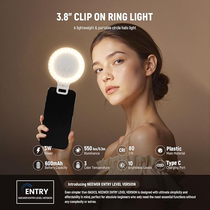 NEEWER Entry Level Version 3.8" Ring Light, 3W Clip on Phone Selfie Lighting for iPhone Laptop Desk Computer Webcam Video Conference Zoom Vlog Recording Streaming Makeup, 3 Modes CRI80 600mAh, NR5