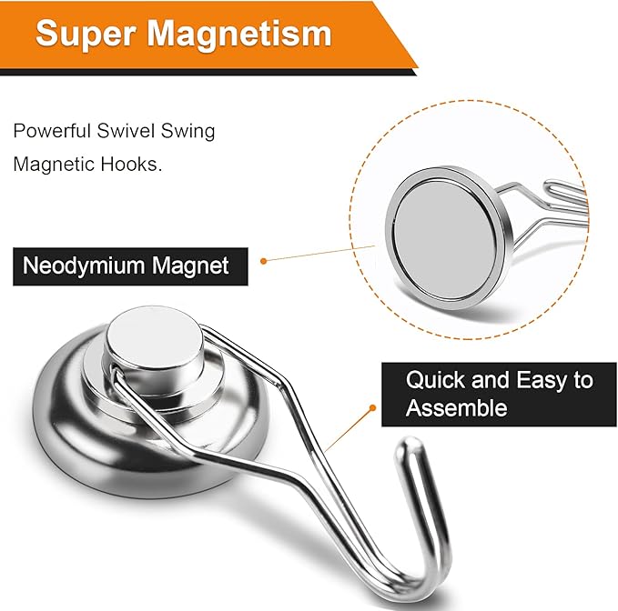 Swivel Swing Powerful Magnetic Hooks,Strong Heavy Duty Neodymium Magnet Hooks Great for Your Refrigerator and Other Magnetic Surfaces - Pack of 7 68mm(2.67in) in Length, 32mm(1.26in) in Diameter