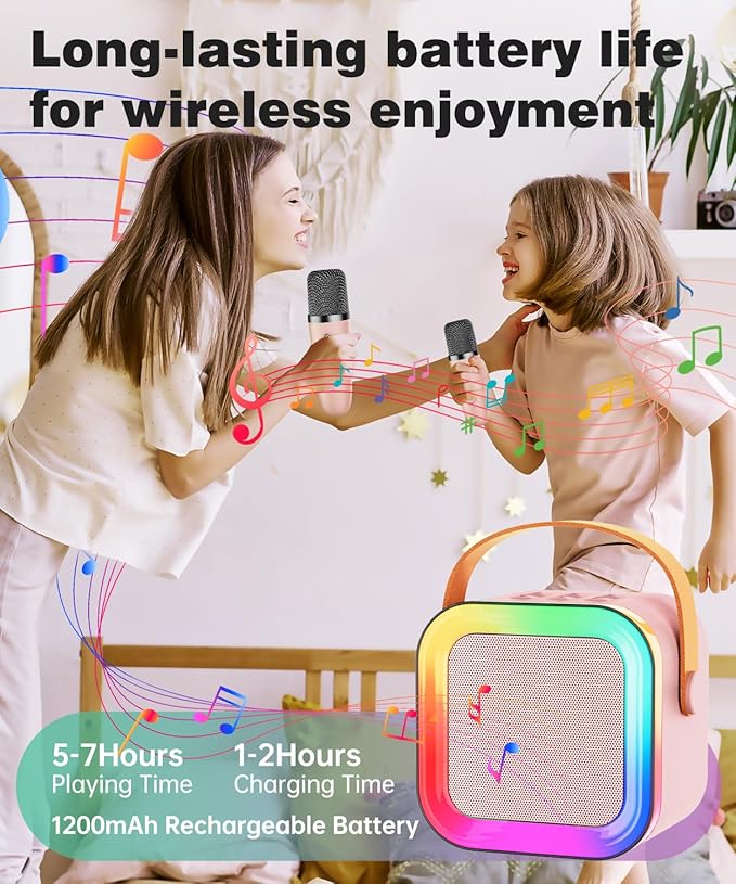 Mini Karaoke Machine Speaker for Kids Adults,Portable Bluetooth with 1-2 Wireless Microphones,Christmas Birthday Gifts Toys Girls Boys Ages 4, 5, 6,7, 8,9,10,11,12+ Years Old Toddler (Pink - 2 Mic)