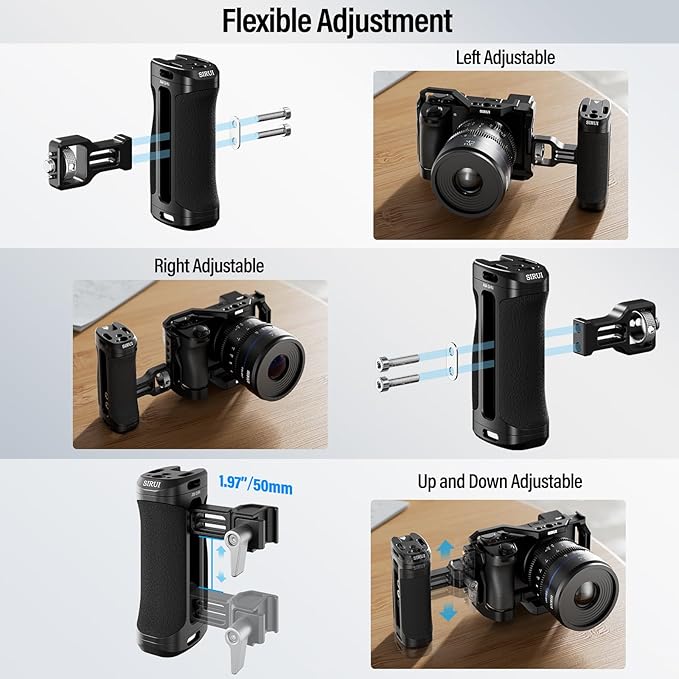 SIRUI Locating Side Handle for ARRI or NATO Mount Optional, Lightweight Camera Cage Handle Grip with Built-in Wrench, Cold Shoe, and Threaded Holes, Up and Down Adjustable, Black, AM-SHN, Pack of 1