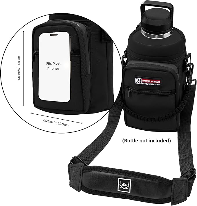 NATURE PIONEOR Water Bottle Holder with Adjustable Strap - Half/One Gallon (64/128oz) Insulated Water Bottle Sling Carrier with Phone Pocket & Paracord Handle, Outdoor Camping, Hiking, Gym
