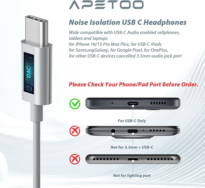 APETOO USB C Headphones for iPhone 17 16 15 Pro Max Wired Earbuds for Samsung S26 S25 S24 S23 S22 S21, Magnetic Noise Isolation in-Ear Type C Earphones with Mic Volume Control for iPad A16/Pixel, Grey