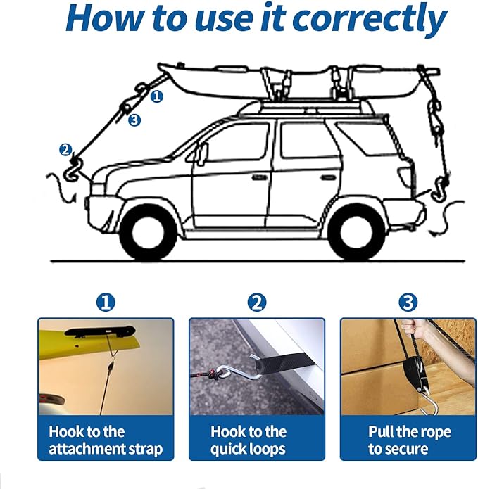 Mind and Action Kayak Tie Down Straps,Quick Hood Loops Trunk Anchor,Canoe Transport Accessories Secure Vehicle Lashing Point (2 Straps+2 Loops+2 Hooks)