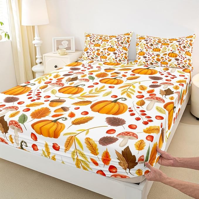 Erosebridal Fall Decor Bed Sheets King Size, Pumpkin Autumn Leaf Bedding Set, Farmhouse Harvest Mushroom Fitted Sheet Set, Farm Fall Leaves Sheets for Kids Adults Thanksgiving Bedroom Decor