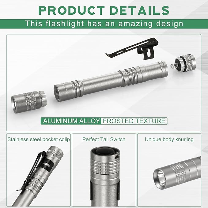 Hortsun 20 Pcs Mini Pen Light Flashlights Christmas Gifts for Men Pocket Flashlights Pen with Clip Small LED Handheld Slim Torches Without Battery(5.12 Inch,Black, Green, Brown, Silver White, Gray)