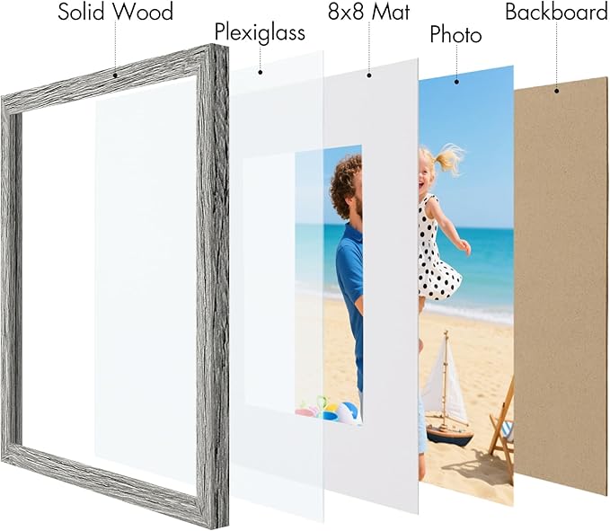 Vittanly 12x12 Picture Frame, Made of Solid Wood and Shatterproof Plexiglass, Display Pictures 8x8 with Mat or 12x12 without Mat, Wooden Photo Frame for Wall Mounting, Grey, 1 Pack
