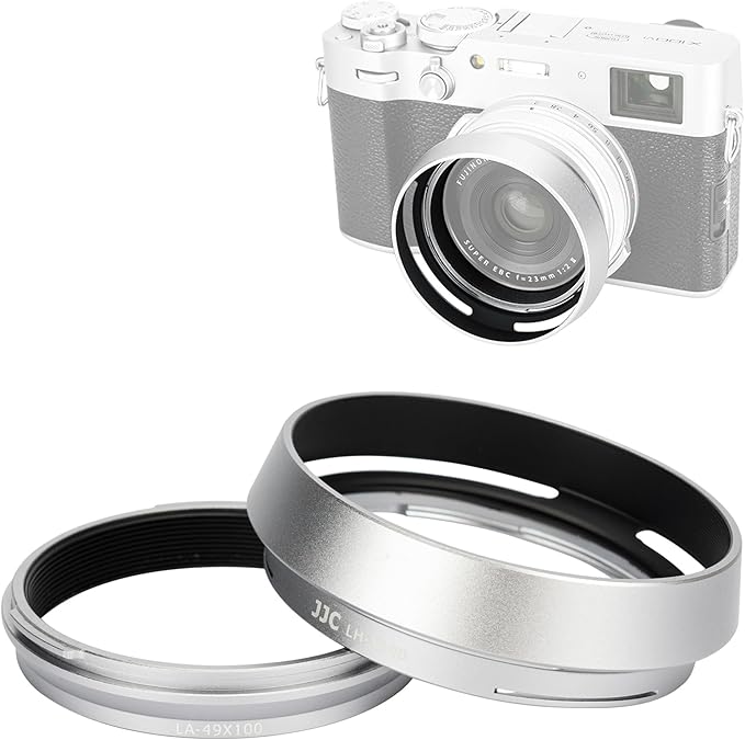JJC Metal Lens Hood Shade Protector with 49mm Filter Adapter Ring for Fujifilm Fuji X100VI X100V X100F X100T X100S X100 X70 Replaces Fujifilm LH-X100 Lens Hood & AR-X100 Filter Adapter Ring/Silver