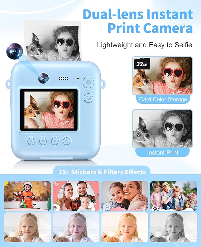 Digital Camera for Kids Instant Print, 48MP Dual-Lens Kids Camera for Girls Boys Christmas Birthday Gifts, 1080P Video Selfie Instant Cameras, Portable Toddler for 4-12 Years with 32GB Card-Blue
