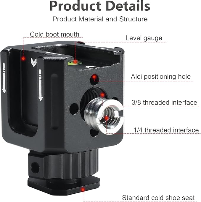 Metal Cold Shoe Mount Adapter，1/4"-20 Thread，3 Cold Shoe Mounts,Tripod, Camera Cage, Flash, Monitor, Microphone, etc，Compatible with Nikon, Canon, Sony /SLR Cameras for Hot Shoe Expansion