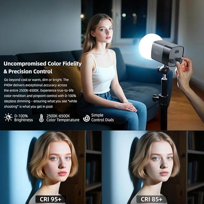 LUXCEO Portable LED Video Light 40W Metal Mini COB LED Bi-Color 2500K-6500K CRI≥95 TLCI≥97 Built-in 5000mAh Battery Photo Studio Light Handheld Spotlight Magnetic Attachable Reflector & Softbox