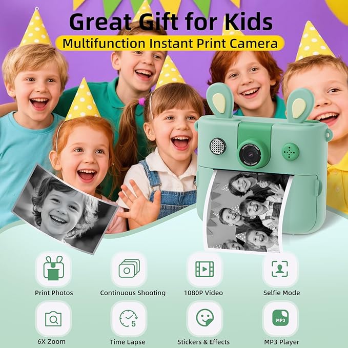 ORGSTA Kids Instant Print Camera for Boys and Girls 1080P HD Toddler Digital Camera with 3 Rolls Print Paper&32G Card, Christmas Birthday Gift Toys for Age 3-16 Kids Portable Travel Digital Camera Toy