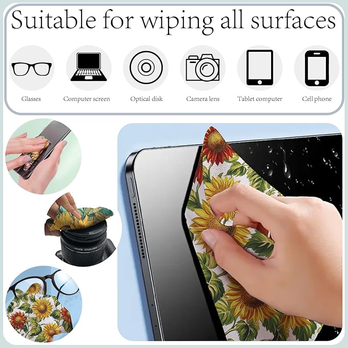CREATCABIN 6 Pcs Sunflower Glasses Cleaning Cloth Microfiber Cloth Soft Multicolor Cleaner Sunglasses Reusable Thicken Wipes Cloths for Eyeglasses Camera Cell Phone Lens Screens Glasses Gift 6x6 Inch