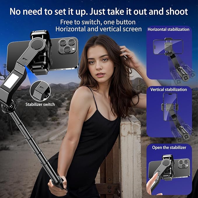 Selfie Stick Gimbal Stabilizer, Single Axis Stabilizer Selfie Stick with Light Tripod 360° Rotation with Remote Control for iPhone/Andriod for Vlog Live Broadcast TIK Tok YouTube Vlogging
