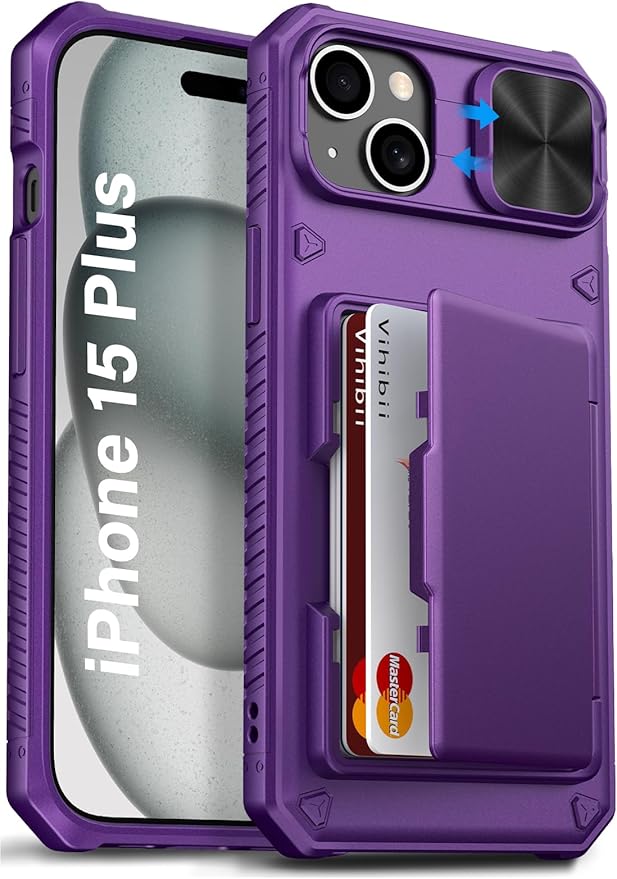 Vihibii for iPhone 15 Plus/iPhone 14 Plus Wallet Case, Built-in Card Holder (4 Cards), [RFID Blocking] & Slide Camera Cover, Military Grade Drop Protection, Rugged Hard Wallet Phone Case, Dark Purple