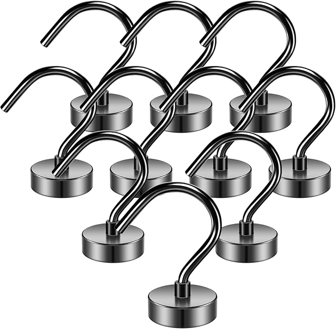 Grtard 10 Pack Large Magnetic Hooks, 35lbs Strong Magnet Hooks Heavy Duty, Magnets with Hooks, Black Magnetic Hooks for Cruise Cabins, Hanging Decorations, Home, Classroom, Kitchen, Workplace