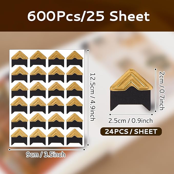 Dfqsofd 600Pcs Photo Corners Self Adhesive, Picture Corners for Scrapbooking Photo Mounting Stickers for DIY Scrapbook, Album, Memory Books, Picture Frames, Journal (Black Gold)