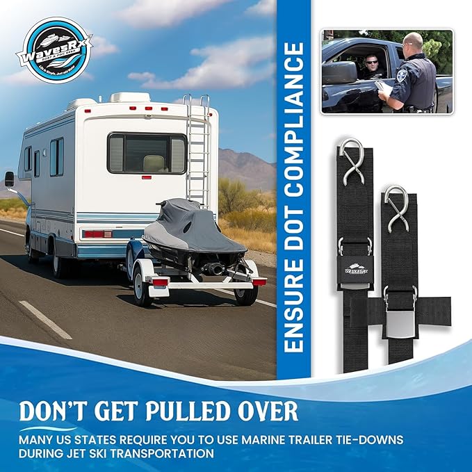 WavesRx Premium Boat & Jet Ski Trailer Transom Straps - Marine Tie Downs - Adjustable via Quick Release Buckle - Must Have Boating Accessories for Safe and Secure Transportation of Your Watercraft