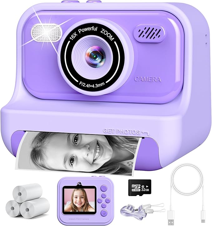 Instant Print Camera for Kids, Valentine‘s Day Present Birthday Gifts for 3 4 5 6 7 8 9 10 Year Old Girls and Boys, 1080P Digital Camera with 2.4 Inch Screen, Portable Toddler Travel Toys, Purple