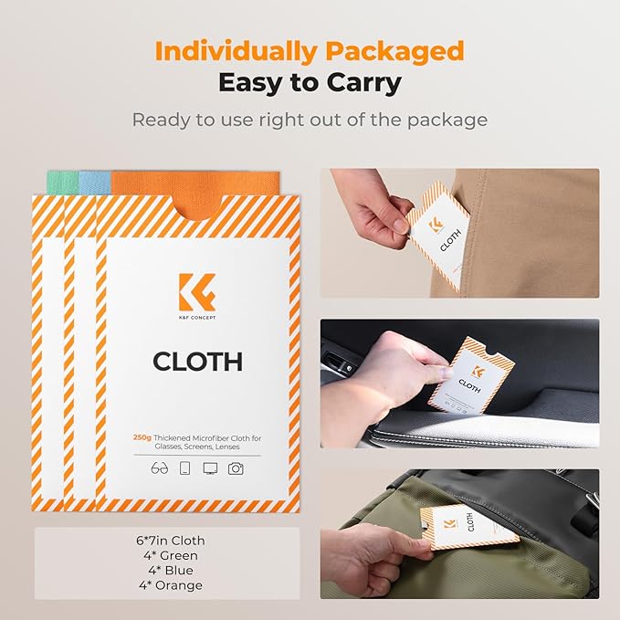 K&F CONCEPT 12 Pack Lens Cleaning Cloth | Microfiber Cleaning Cloth | Glasses Cleaning Cloths | Eyeglass Lens Cleaner | Eyeglasses, Camera Lens, VR/AR Headset Screen Cleaning | Orange & Green & Blue