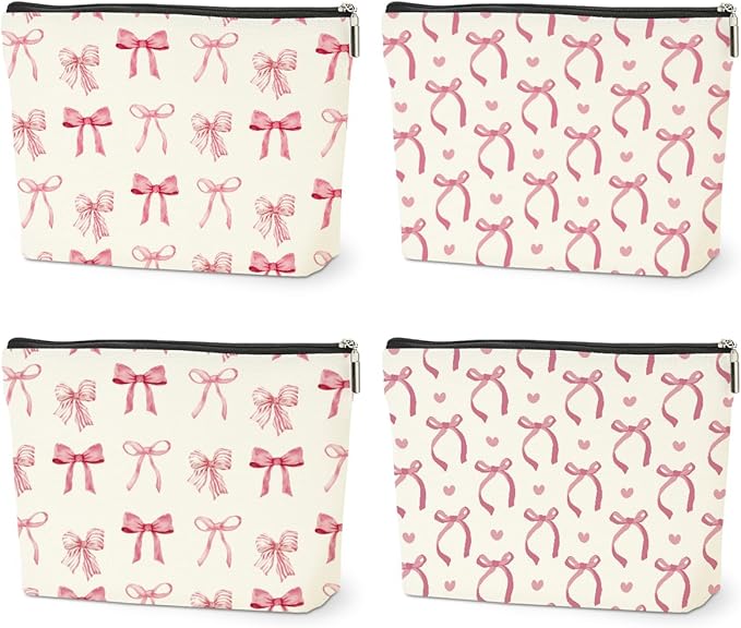 4PCS Pink Bow Makeup Bag, Coquette Preppy Cosmetic Bags Bow Gifts for Women Girls Pink Trendy Toiletry Bag Best Birthday Christmas Gifts for Girls Women Sister Travel Bags