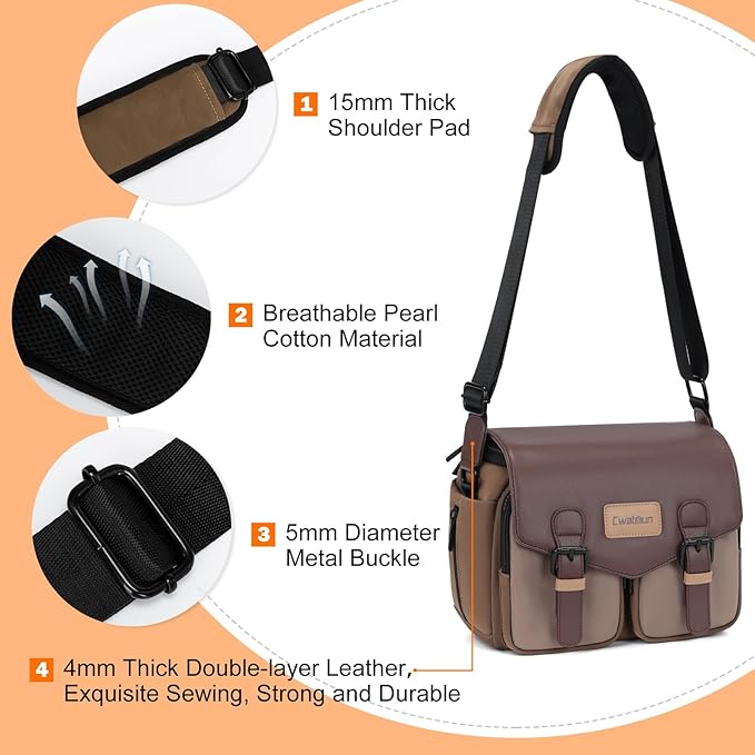 Cwatcun Camera Messenger Bag, Waterproof Flap Camera Crossbody Shoulder Case with Tripod Holder, Travel Photography Bag for Canon, Nikon, Sony, Fuji DSLR/SLR/Mirrorless Camera, Lens （Brown）, M