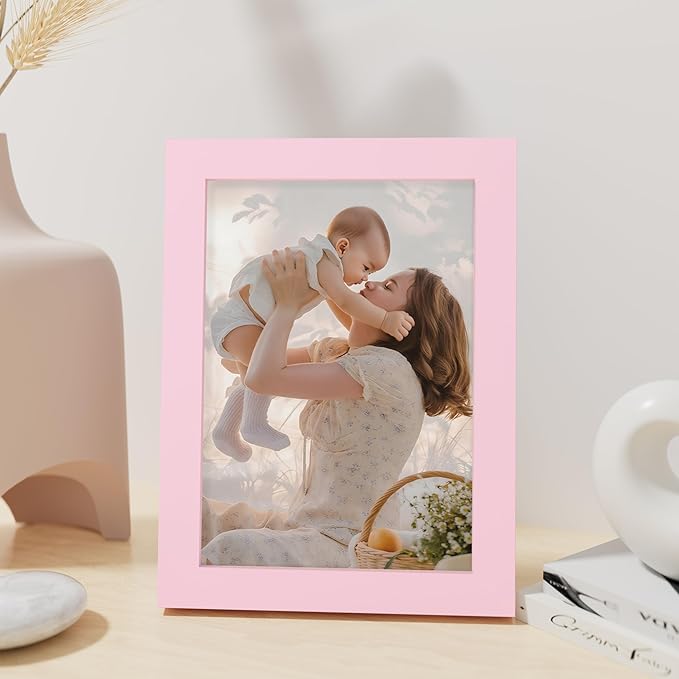 Vittanly 5x7 Picture Frame, Made of Solid Wood and Shatterproof Plexiglass, Wooden Photo Frame for Wall Mounting or Tabletop Display, Picture Frame for Home Decor with Stand, Pink, 1 Pack