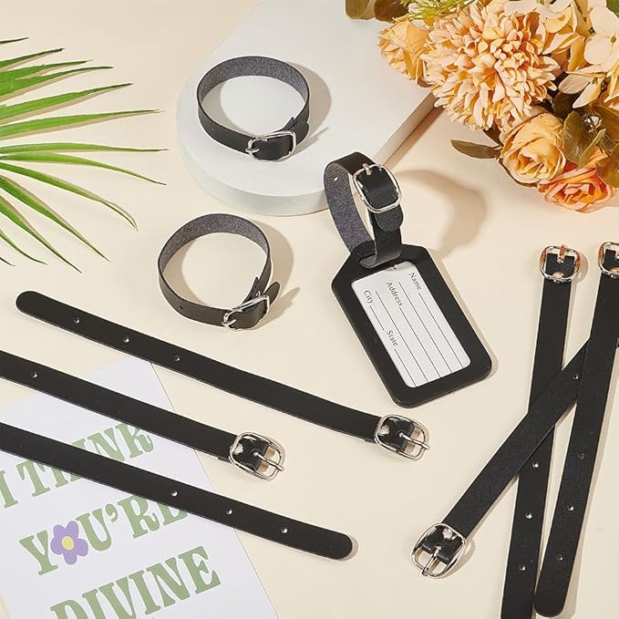 FINGERINSPIRE 12 pcs PU Leather Luggage Tag Straps 7.87" Black Leather Luggage Tag Loops with Alloy Buckle Leather Name Strap Tag Holders for Suitcases Briefcase Backpacks Travel Hanging Accessories