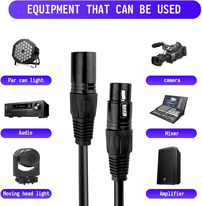 DMX Cable 3.9ft, 10 Pack, Flexible 3 Pin XLR Male to Female for Stage Lighting Signal Connection
