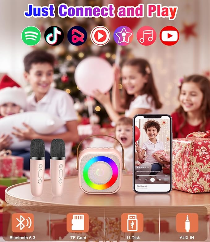 Mini Karaoke Machine, Portable Bluetooth Speaker with 2 Wireless Microphones for Kids & Adults, Karaoke Microphone with LED Lights, Gifts for Girls & Boys_Pink