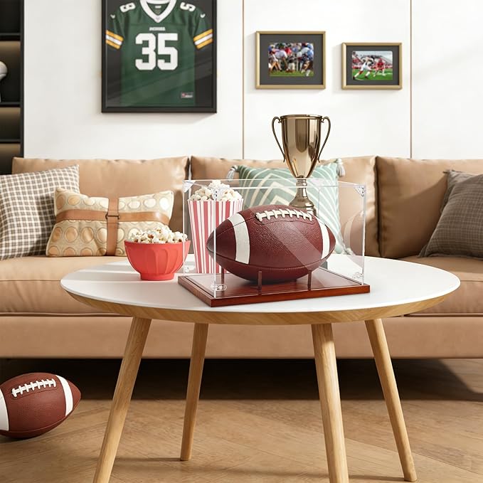 Hooqict Football Display Case Acrylic Clear Full Size with Solid Wood Base UV Protected Football Holder Stand Display Case for Sports Collections Autographed Ball Memorabilia Gifts