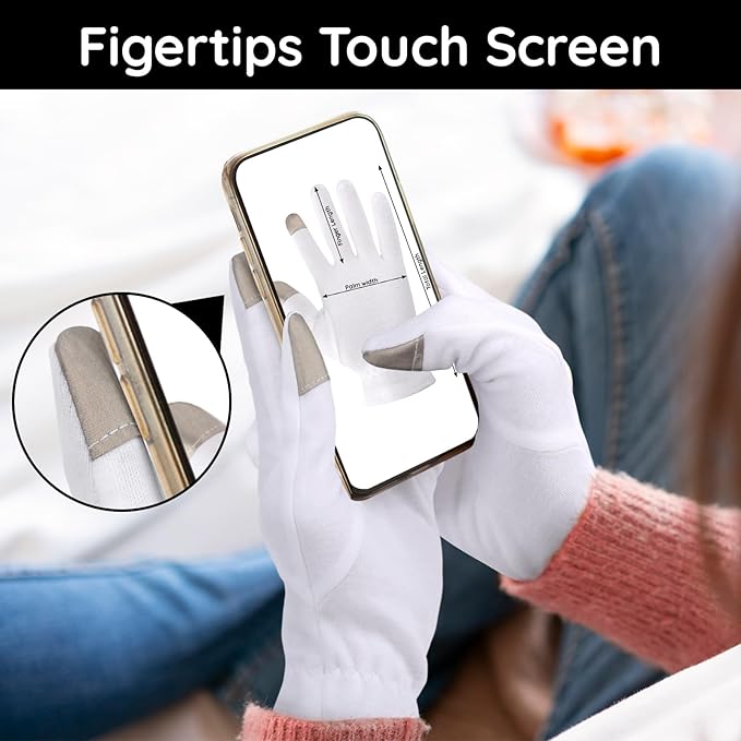 Segbeauty 12 Count Moisturizing Gloves with Touchscreen Fingers, Cotton Glove Liners with Elastic Band for Sleeping Overnight, White Cotton Glovesfor Men and Women, Work Gloves for Coin Handling Large
