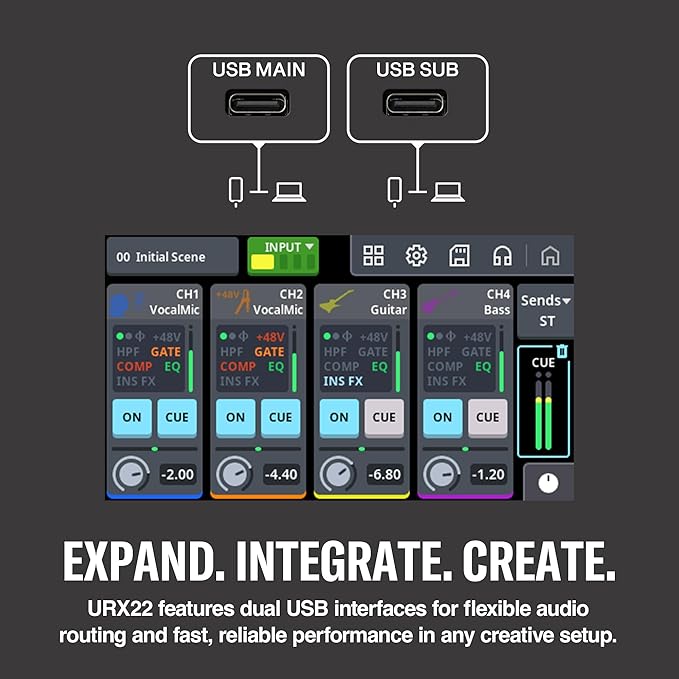 Yamaha URX22 4-In / 2-Out Dual USB-C Audio Interface With Touchscreen, Includes Cubase Al, WaveLab Cast, Basic FX Suite, and Steinberg Plus Software Bundle, Black URX22 B