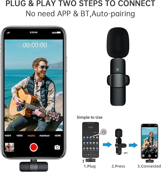 Wireless Lavalier Microphone for iPhone iPad, mini Lapel Wireless Microphone for Video Recording, TikTok Facebook Live Steam, Youtubers, Vloggers, Interview, Clip-on Plug & Play (Black)