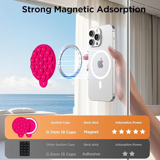 Magnetic Suction Cup Phone Mount, Compatible with MagSafe, Silicone Octo Cup Buddy Sticky Grip Holder for iPhone and Android, Removable Hands-Free Phone Stand Selfie/Video for TikTok, Neon Pink