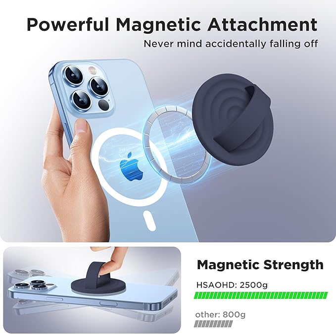 Upgraded Magnetic Phone Grip, Liquid Silicone Soft and Portable, Removable Finger Loop Ring Grip Holder for iPhone, Strong Magnetic Attraction, Compatible with MagSafe Phone Case, Midnight Blue