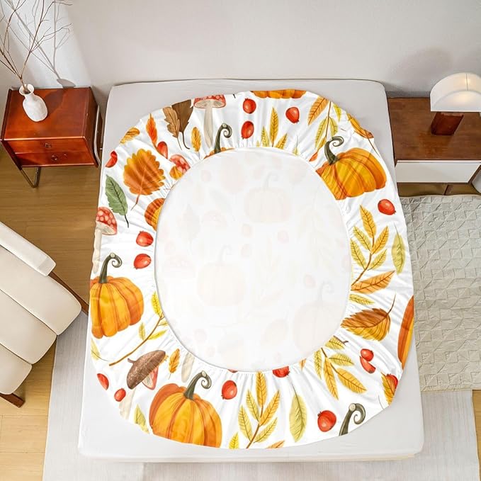 Erosebridal Fall Decor Bed Sheets Twin Size, Pumpkin Autumn Leaf Bedding Set, Farmhouse Harvest Mushroom Fitted Sheet Set, Farm Fall Leaves Sheets for Kids Thanksgiving Home Decor, 1 Pillowcase
