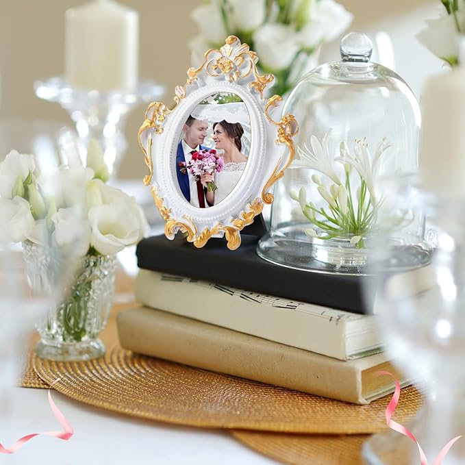 Maitys 5 Pcs Mini Picture Vintage Frames with Stands Tiny Antique Photo Baroque Ornate Resin Oval Frame Table Top Display Home Wedding Decor (White Gold)