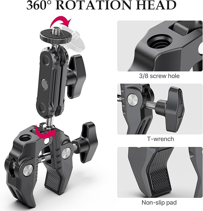 XIAOTJ Super Clamp Camera Mount with Magic Arm Double 360° Ballhead and Phone Tripod Mount/Action Camera Adapter for Phone/GoPro DJI Insta360/Monitor/DSLR/Motorcycle Bike Handlebar Gun Scope Mounts