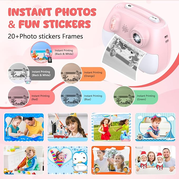 Kids Camera Instant Print 1080P Front Rear Dual Selfie - Toddler Cameras with Digital Video Games,32GB & 5-Colored Print Paper/ 250 Photos,Easy to Use & Great Toys Gifts for Boys Girls, Ages 3-12