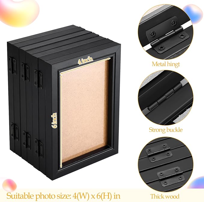 Sintuff 7 Picture Frame 4 x 6 Folding Hinged Picture Frames Foldable Photo High Definition Natural Wood Collage Mounts Rustic Desktop Acrylic Mounts for Family Wall Decor, Black
