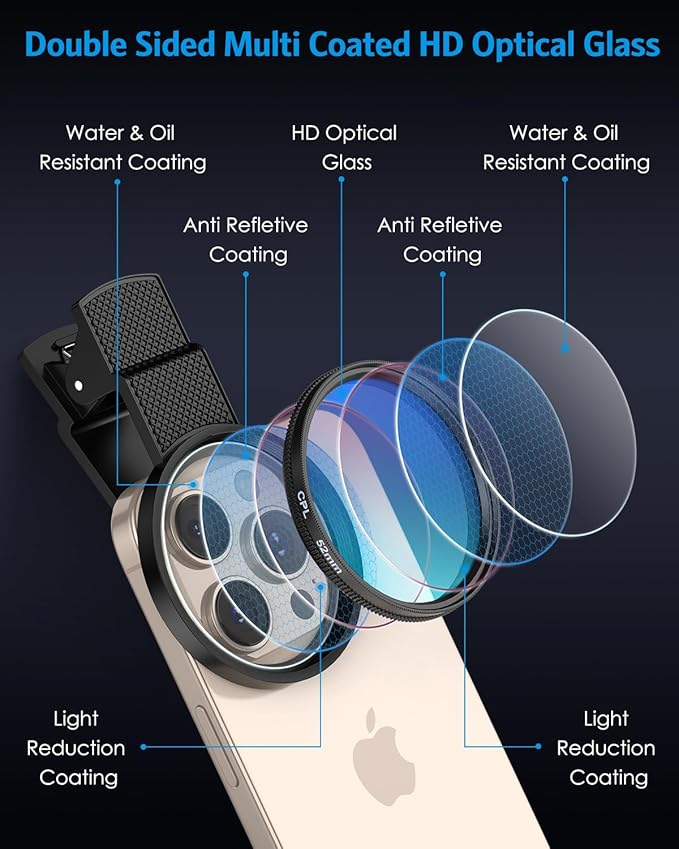 AMIR 52MM Clip-on CPL Phone Camera Lens Filter, Circular Polarizer Filter, Phone Lens Filter Kit Compatible with iPhone 17 16 15 14 13 12, Google Pixel and Other Android Smart Phones