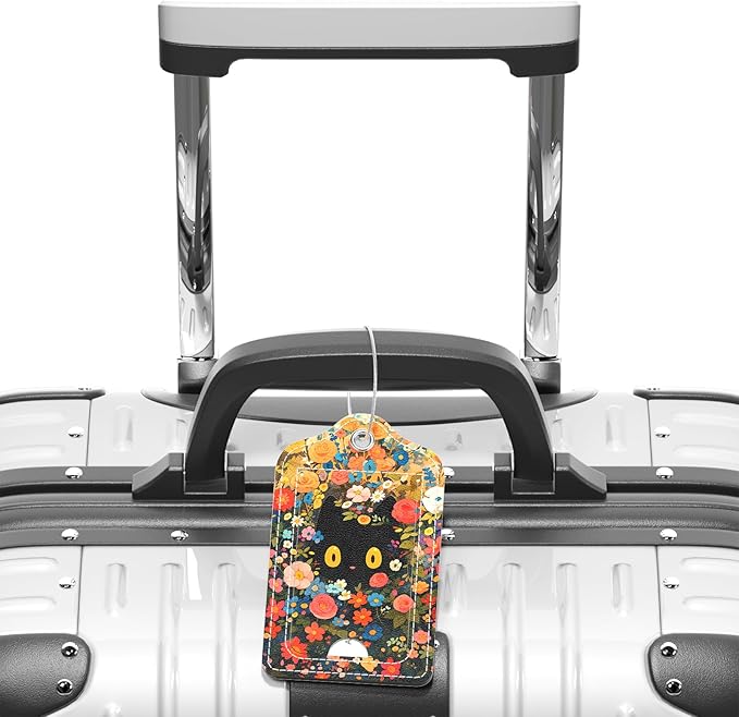 Luggage Tags for Suitcase, 2 Pack PU Leather Travel Cruise Luggage Tag with Privacy Flap, Name ID Label and Metal Loop for Women Men Girls Suitcase Baggage Bag Backpack, Kitten Flowers