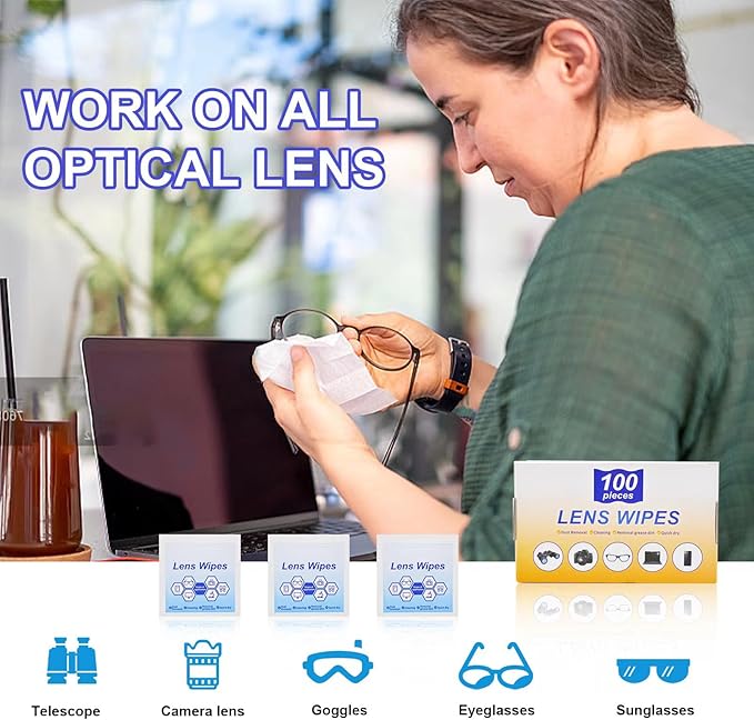 Lens Wipes for Eyeglasses,Eyeglass erasers are Packed Separately，Glasses Cleaner for Cleaning Glasses, Camera Lenses, Sunglasses, Mobile Phone Screens, Goggles, etc. (100 Pieces)