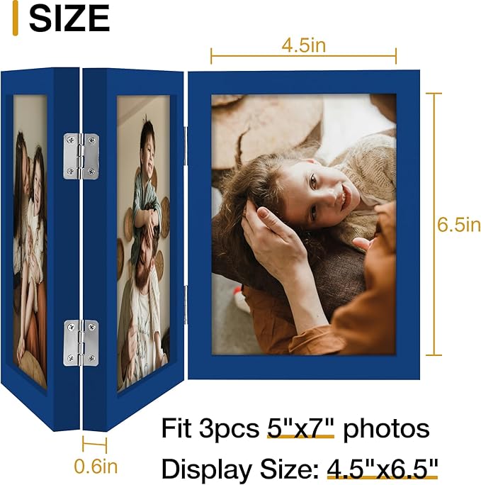 decorUhome Triple 5x7 Picture Frame Vertical, Engineered Wood Trifold Photo Frame with Plexiglass for Tabletop Display, 5x7, Royal Blue
