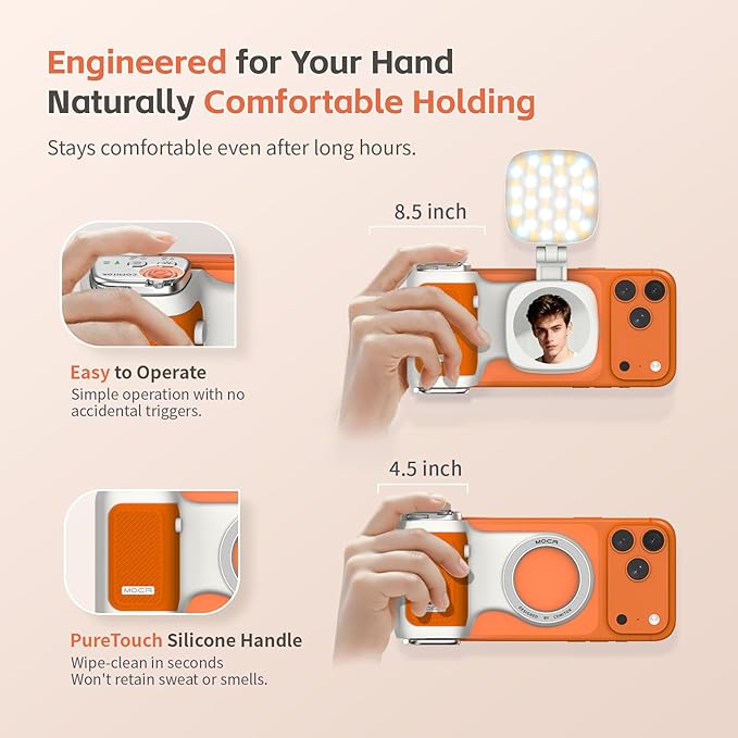 COMITOK iPhone Camera Grip MOCA with Magnet Fill Light & Mirror for 17 Pro iOS26 Native Camera, Fun Shot Magnetic Grip for Phone Compatible iOS17 and iOS18 with Anti-Drop Detachable Remote & Keychain