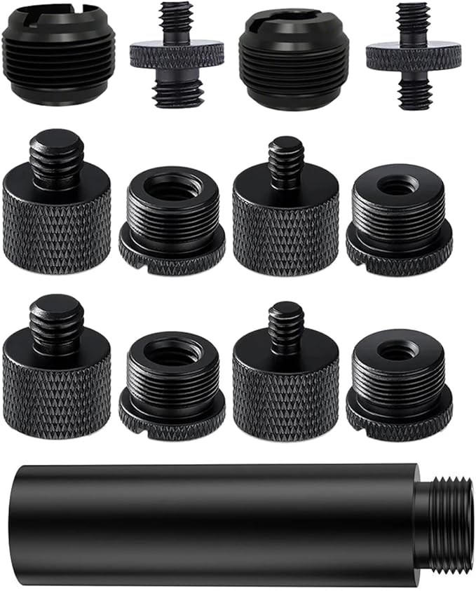 13 Pack Microphone Stand Adapter Screws with Extension Tube,Black Aluminum Alloy,3/8 to 5/8 and 1/4 Threaded Screw Mount for Mic Boom Arm,Camera Tripod,Projector Stand Arm,Fill Light
