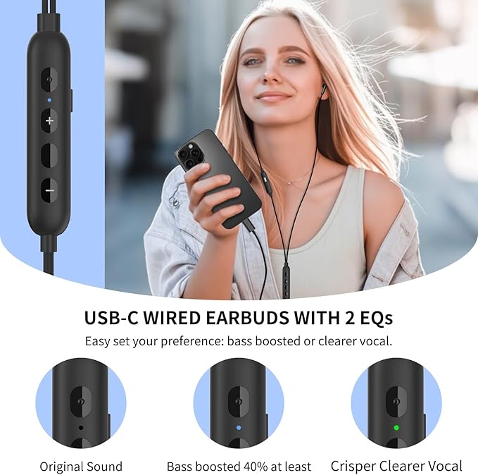 APETOO USB C Headphone Wired Earbuds with 2 EQs - Bass Boost & Clear Vocal, Microphone, Volume Control, Mute Button, Noise Isolating Type C Earphones for iPhone 17 16/iPad/Samsung S25/Pixel 10/Android