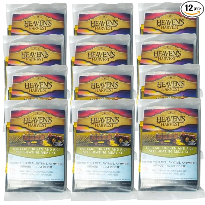 Heaven's Harvest Self-Heating Emergency Meal Kit (10 Year Shelf Life) — Tastier than MRE Meals & Ready-To-Eat in Minutes! Just add water to activate the “cooking” process. Teriyaki Chicken) (12-Pack)